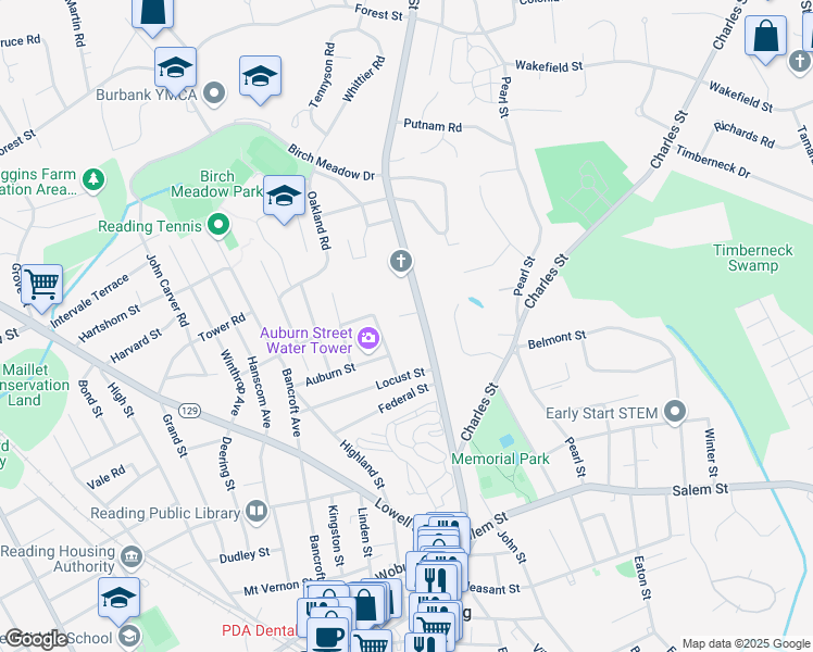 map of restaurants, bars, coffee shops, grocery stores, and more near 11 Bethesda Lane in Reading