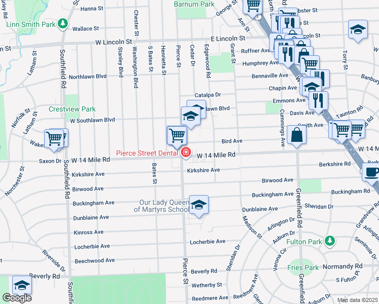 map of restaurants, bars, coffee shops, grocery stores, and more near 125 East 14 Mile Road in Birmingham