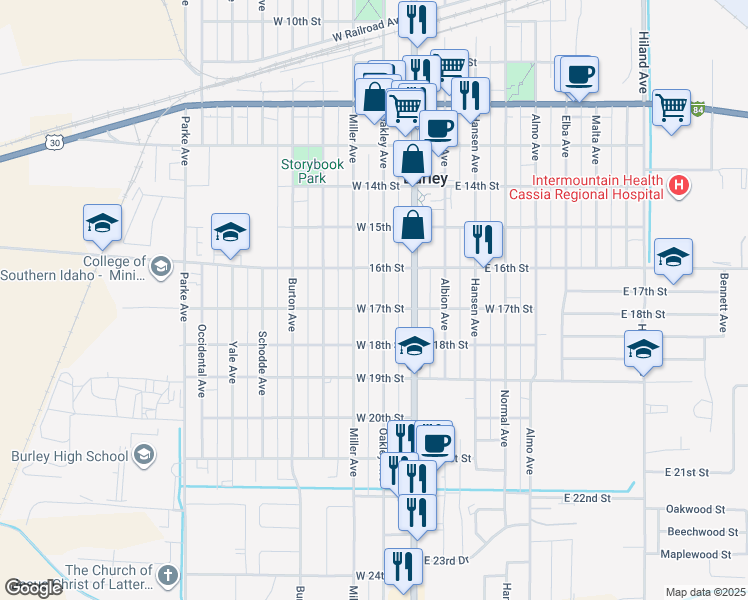 map of restaurants, bars, coffee shops, grocery stores, and more near 1619 Oakley Ave in Burley