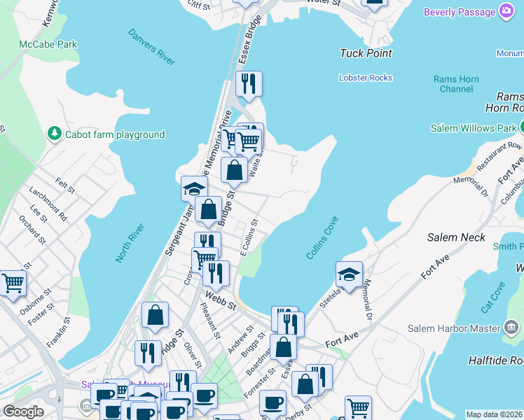 map of restaurants, bars, coffee shops, grocery stores, and more near 14 Planters Street in Salem
