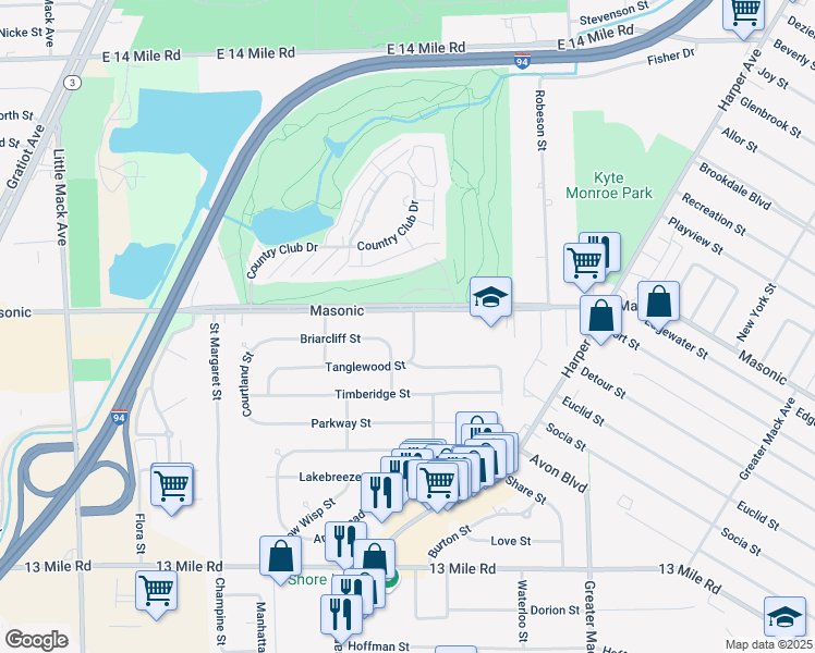 map of restaurants, bars, coffee shops, grocery stores, and more near in St. Clair Shores