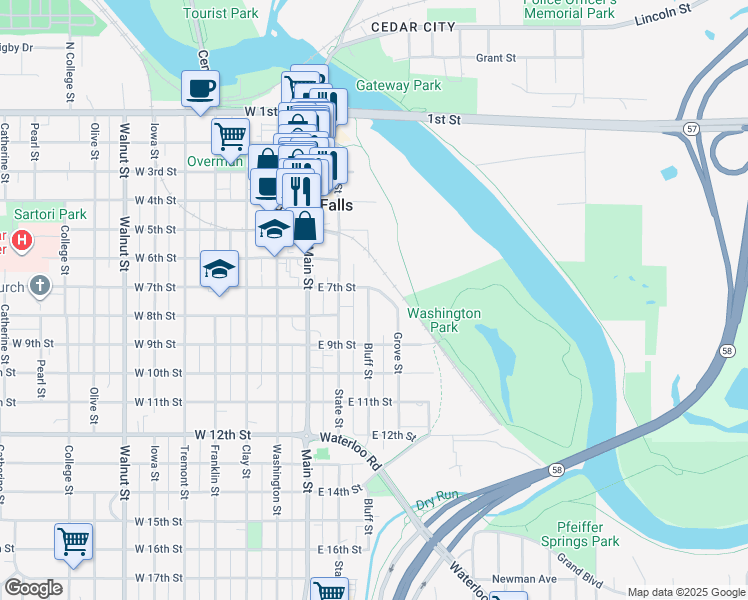 map of restaurants, bars, coffee shops, grocery stores, and more near 700-812 Grove Street in Cedar Falls