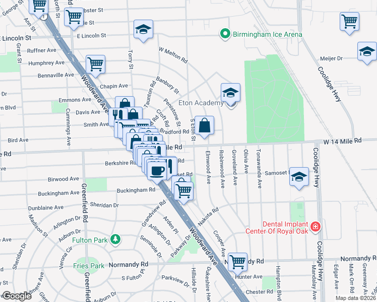 map of restaurants, bars, coffee shops, grocery stores, and more near 4107 West 14 Mile Road in Royal Oak