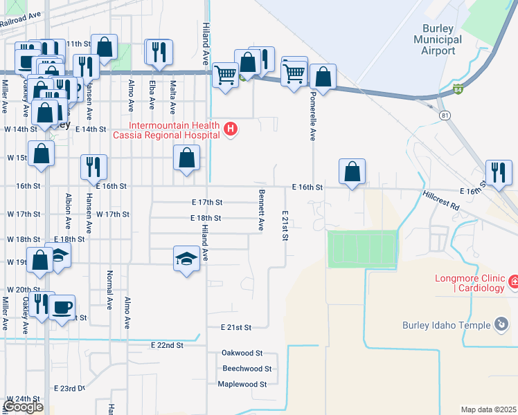 map of restaurants, bars, coffee shops, grocery stores, and more near 1215 E 16th St in Burley
