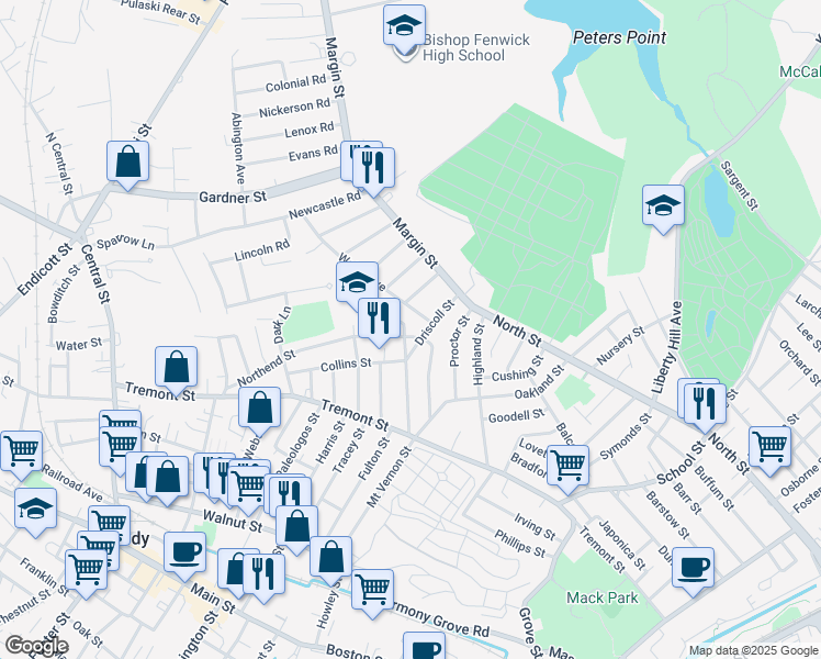 map of restaurants, bars, coffee shops, grocery stores, and more near 5 Walsh Avenue in Peabody
