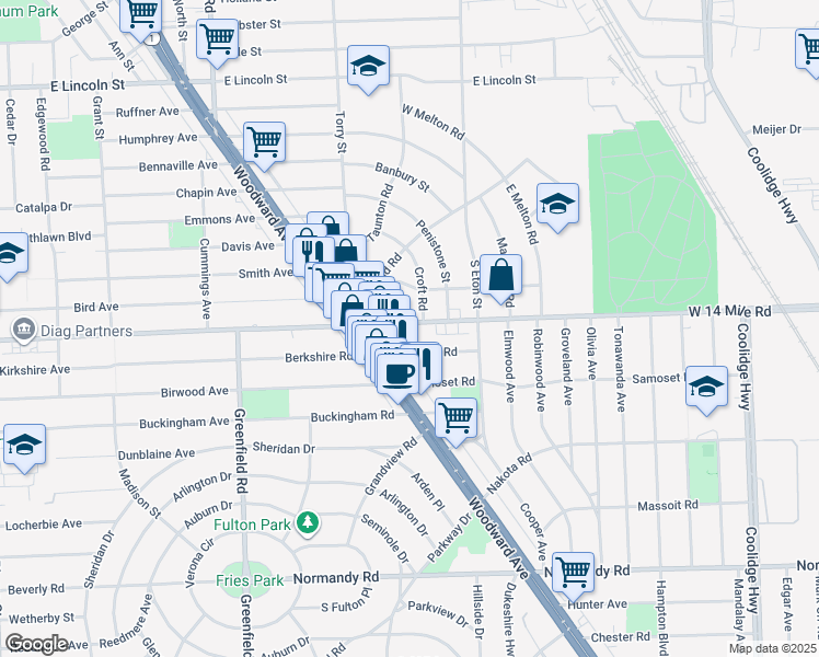 map of restaurants, bars, coffee shops, grocery stores, and more near 1775 East 14 Mile Road in Birmingham