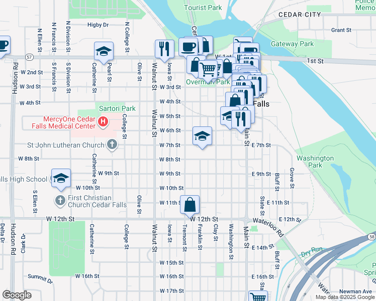 map of restaurants, bars, coffee shops, grocery stores, and more near 321 West 8th Street in Cedar Falls