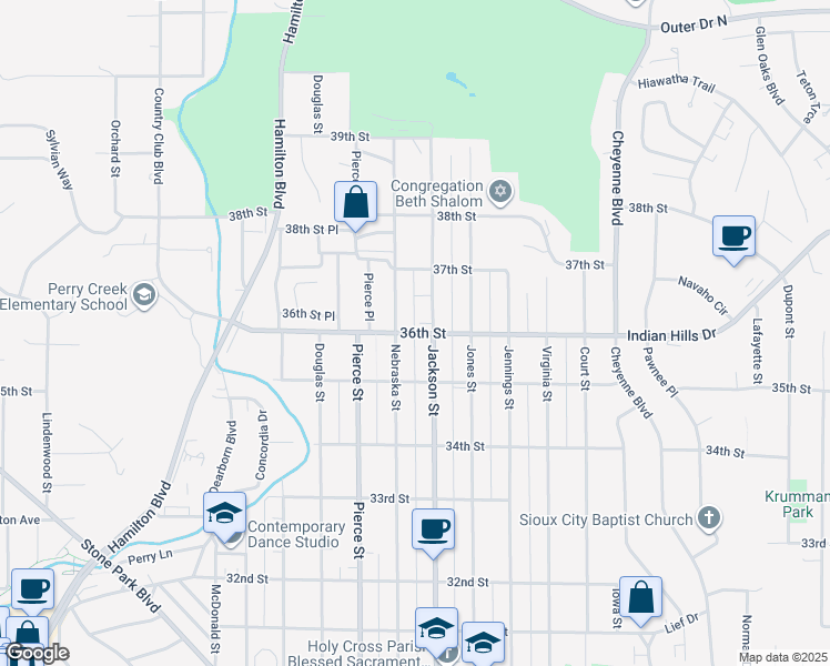map of restaurants, bars, coffee shops, grocery stores, and more near 649 36th Street in Sioux City