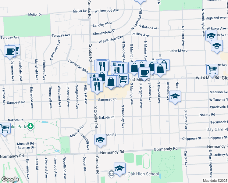 map of restaurants, bars, coffee shops, grocery stores, and more near 1213 West 14 Mile Road in Clawson