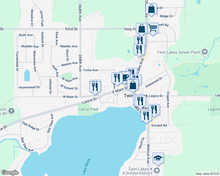 map of restaurants, bars, coffee shops, grocery stores, and more near 248 East Main Street in Twin Lakes