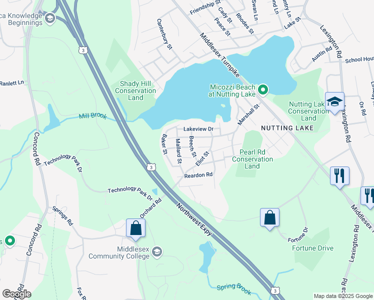 map of restaurants, bars, coffee shops, grocery stores, and more near 61 Mallard Street in Billerica