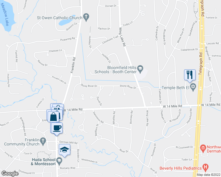 map of restaurants, bars, coffee shops, grocery stores, and more near 4390 Stony River Drive in Bloomfield Hills