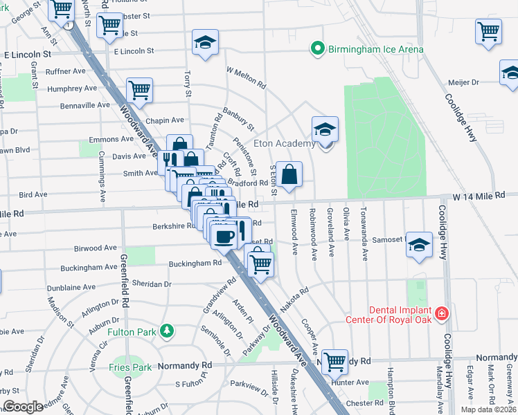 map of restaurants, bars, coffee shops, grocery stores, and more near 4141 West 14 Mile Road in Royal Oak