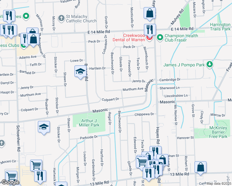 map of restaurants, bars, coffee shops, grocery stores, and more near 14643 Murthum Avenue in Warren