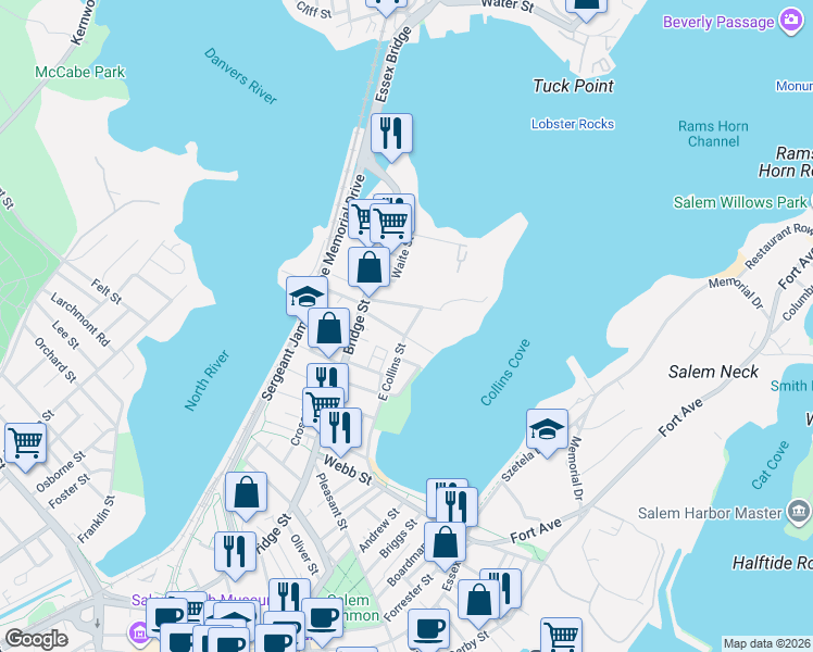 map of restaurants, bars, coffee shops, grocery stores, and more near 14 Planters Street in Salem