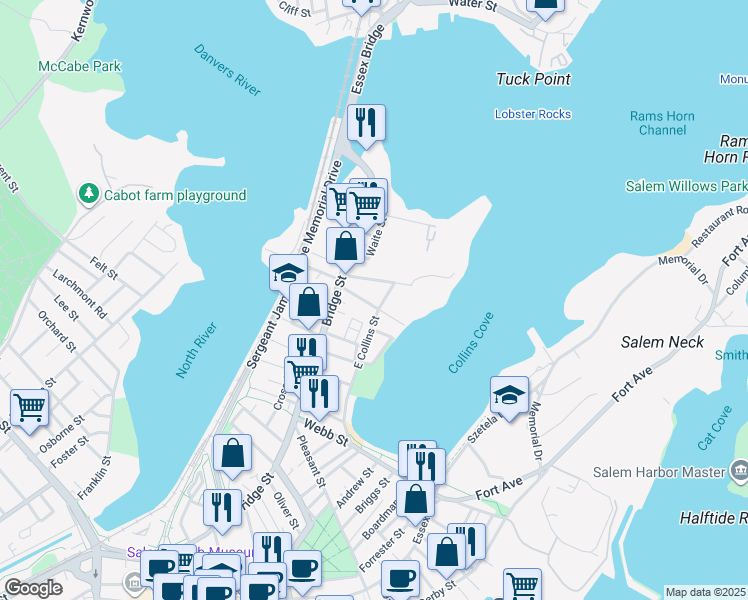 map of restaurants, bars, coffee shops, grocery stores, and more near 14 Planters Street in Salem