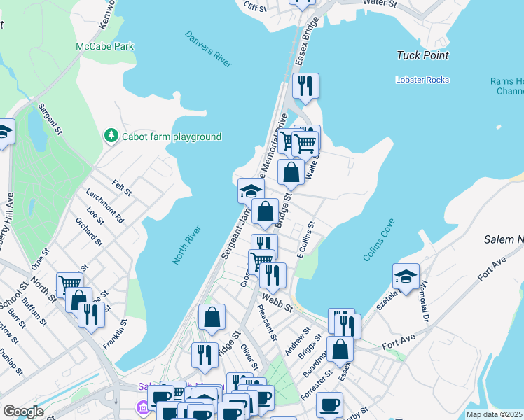 map of restaurants, bars, coffee shops, grocery stores, and more near 16 Burnside Street in Salem