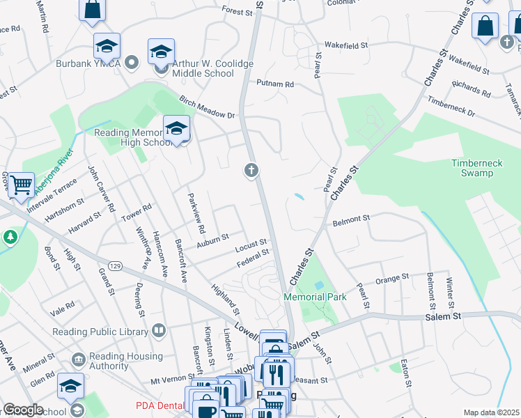 map of restaurants, bars, coffee shops, grocery stores, and more near 11 Bethesda Lane in Reading
