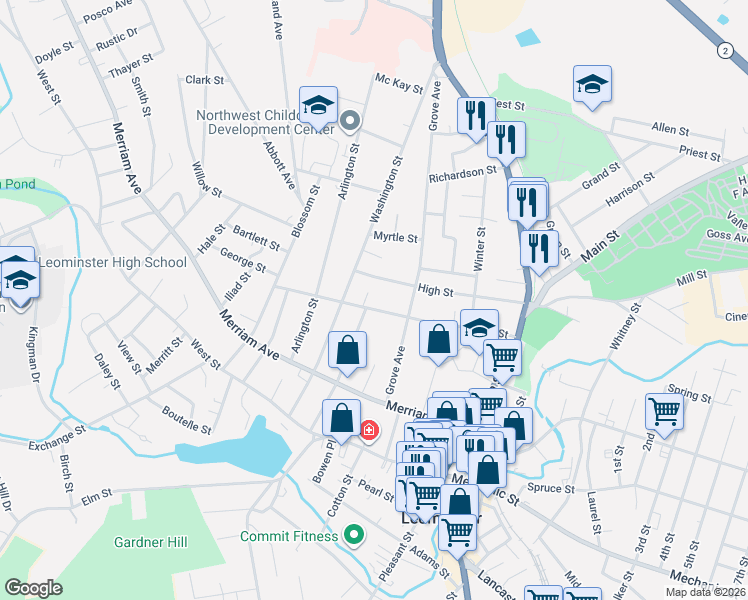 map of restaurants, bars, coffee shops, grocery stores, and more near 138 High Street in Leominster
