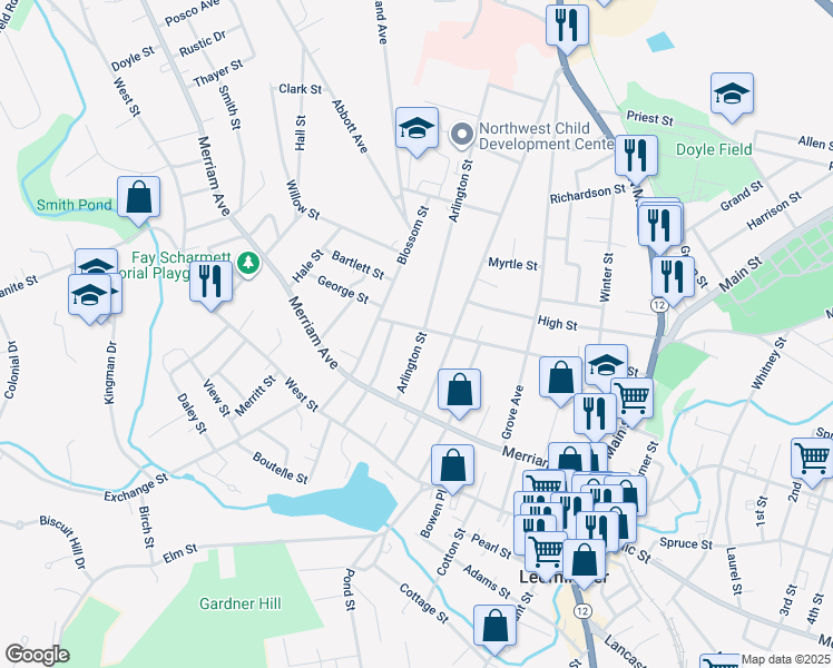 map of restaurants, bars, coffee shops, grocery stores, and more near 175 Walnut Street in Leominster