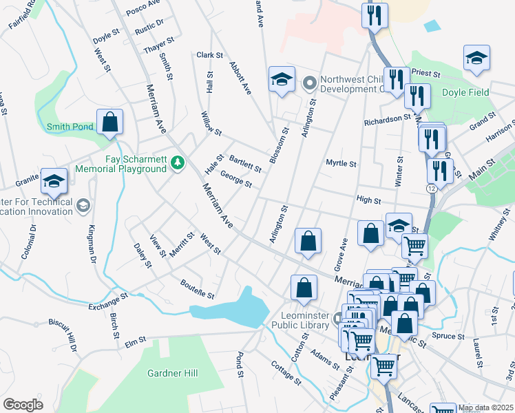 map of restaurants, bars, coffee shops, grocery stores, and more near 70 Blossom Street in Leominster