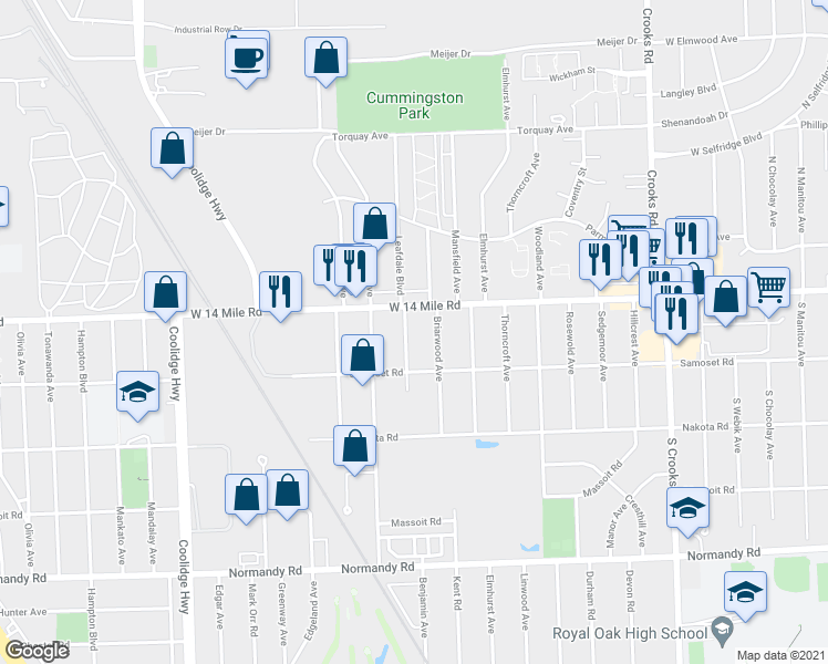 map of restaurants, bars, coffee shops, grocery stores, and more near 2415 West 14 Mile Road in Royal Oak