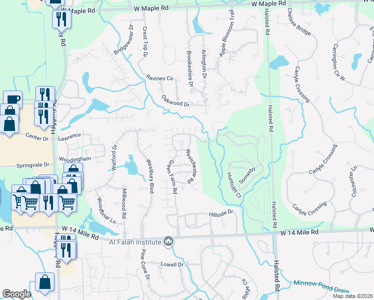 map of restaurants, bars, coffee shops, grocery stores, and more near 7356 Barrington Court in West Bloomfield Township