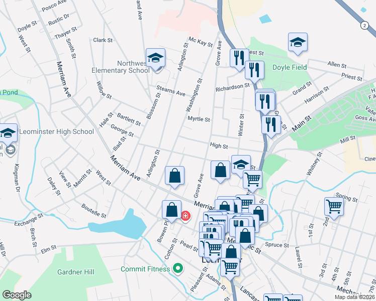 map of restaurants, bars, coffee shops, grocery stores, and more near 125 Walnut Street in Leominster