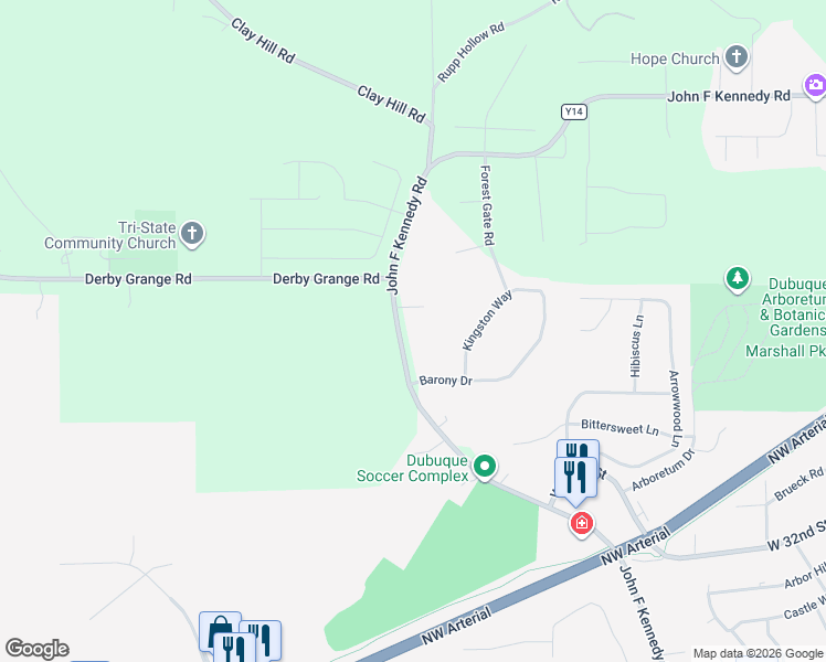 map of restaurants, bars, coffee shops, grocery stores, and more near 12704 John F Kennedy Road in Dubuque