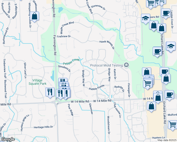 map of restaurants, bars, coffee shops, grocery stores, and more near Creeks Crossing in West Bloomfield Township