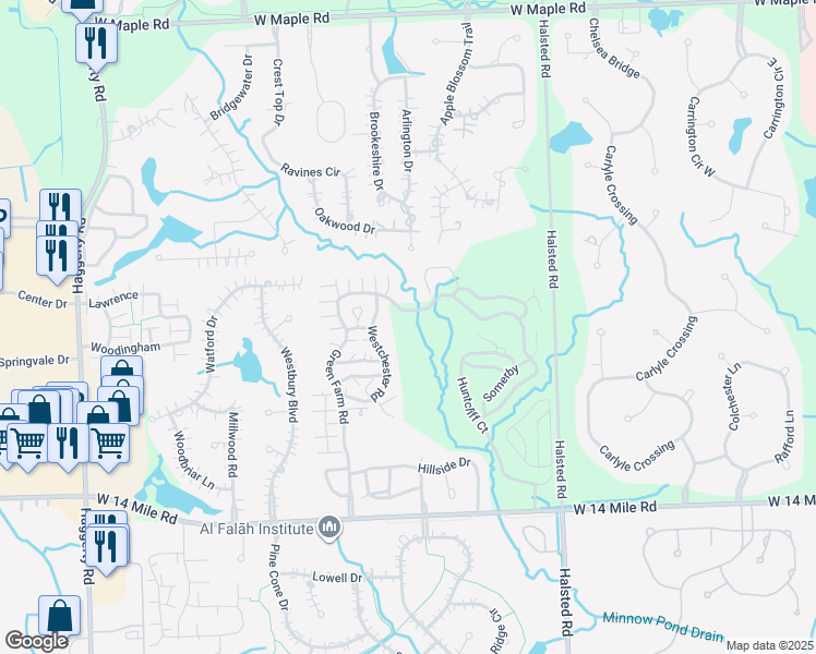 map of restaurants, bars, coffee shops, grocery stores, and more near 7114 Westchester Road in West Bloomfield Township