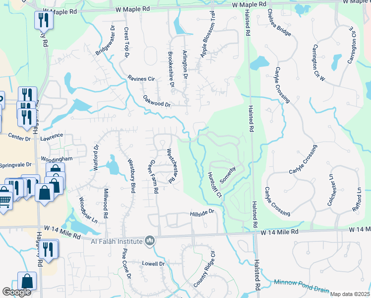map of restaurants, bars, coffee shops, grocery stores, and more near 7114 Westchester Road in West Bloomfield Township