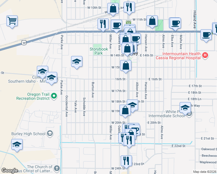 map of restaurants, bars, coffee shops, grocery stores, and more near 1618 Miller Avenue in Burley