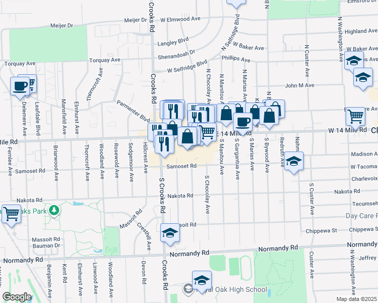 map of restaurants, bars, coffee shops, grocery stores, and more near 1213 West 14 Mile Road in Clawson