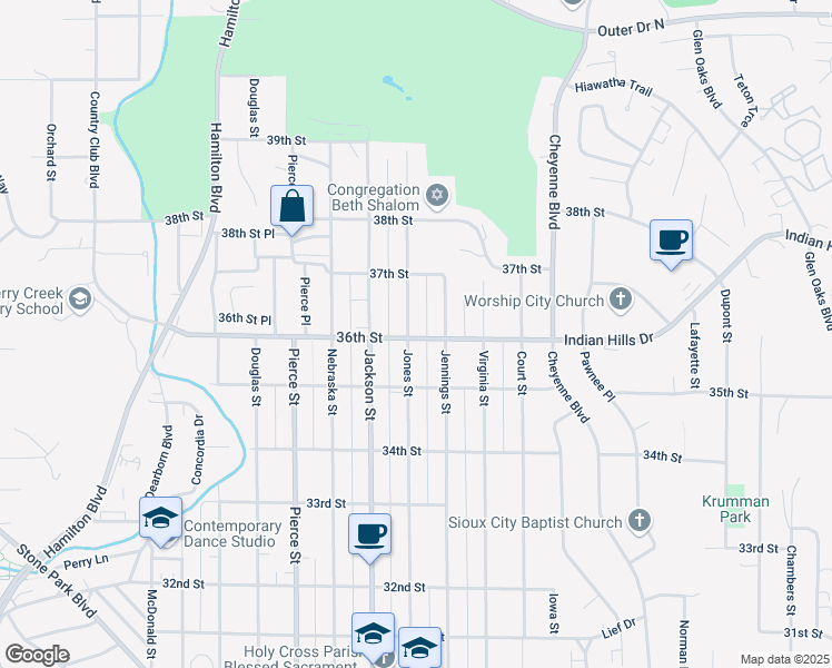 map of restaurants, bars, coffee shops, grocery stores, and more near 3600 Jones Street in Sioux City