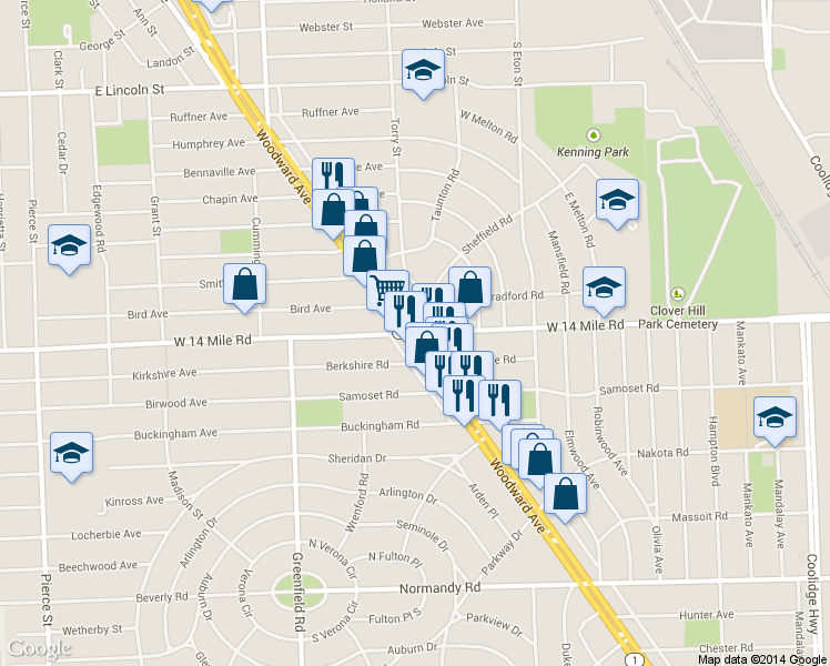 map of restaurants, bars, coffee shops, grocery stores, and more near 1725 West Fourteen Mile Road in Birmingham
