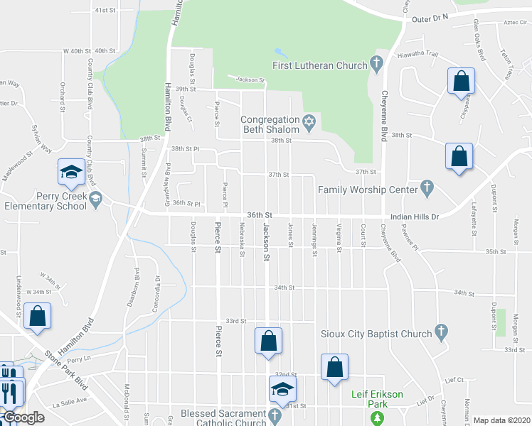 map of restaurants, bars, coffee shops, grocery stores, and more near 3607 Jackson Street in Sioux City