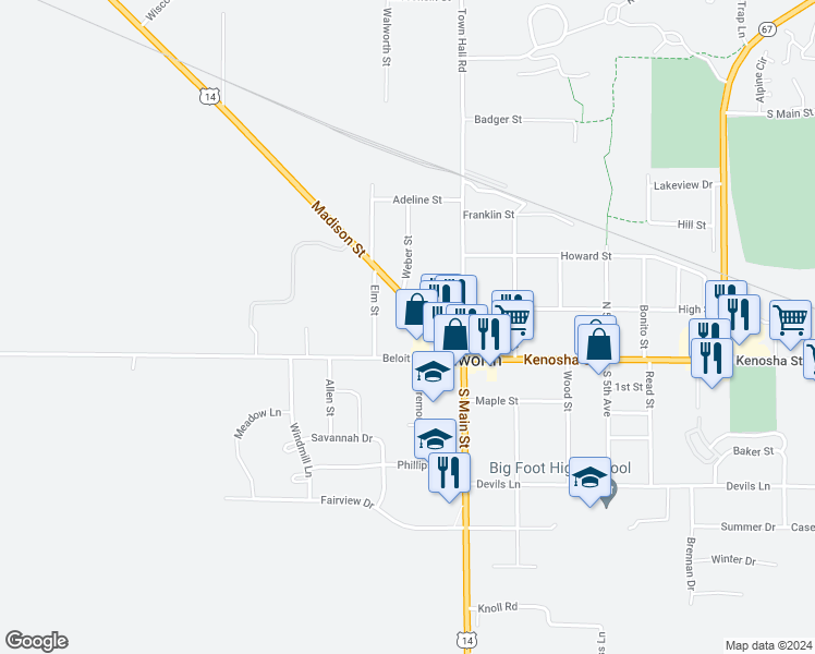map of restaurants, bars, coffee shops, grocery stores, and more near 211 Madison Street in Walworth