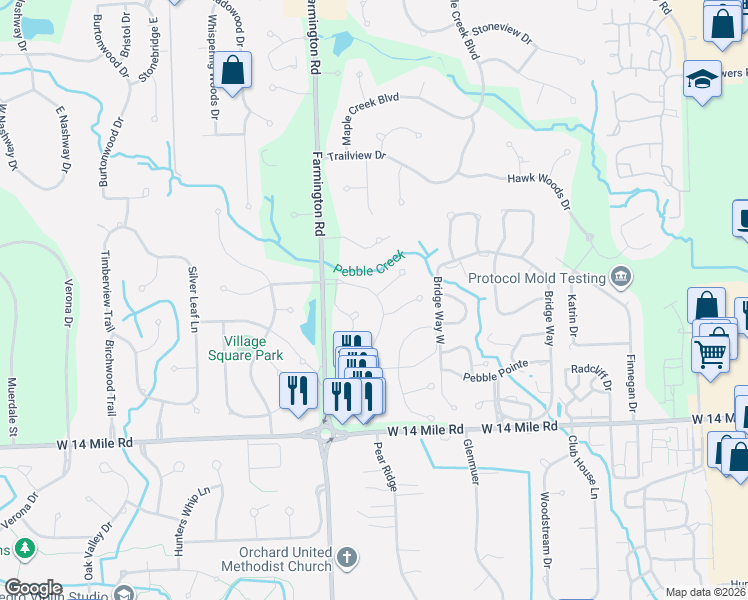 map of restaurants, bars, coffee shops, grocery stores, and more near 7067 Winding Brook Court in West Bloomfield Township