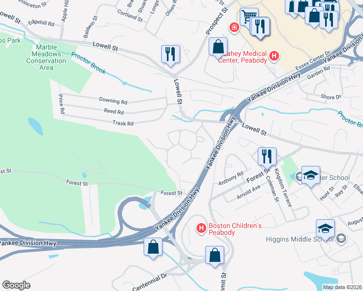 map of restaurants, bars, coffee shops, grocery stores, and more near 37 Hawthorne Circle in Peabody