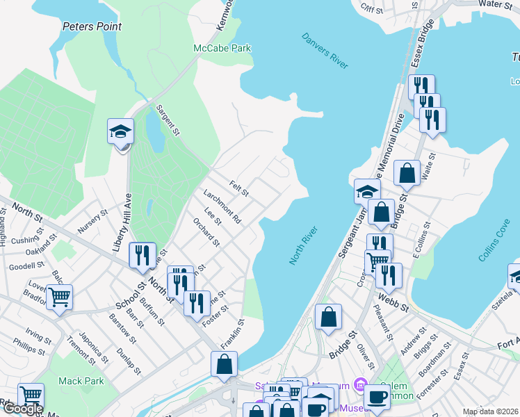map of restaurants, bars, coffee shops, grocery stores, and more near 26 Felt Street in Salem