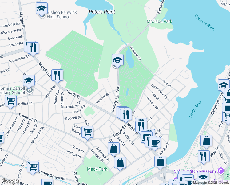 map of restaurants, bars, coffee shops, grocery stores, and more near 50 Liberty Hill Avenue in Salem
