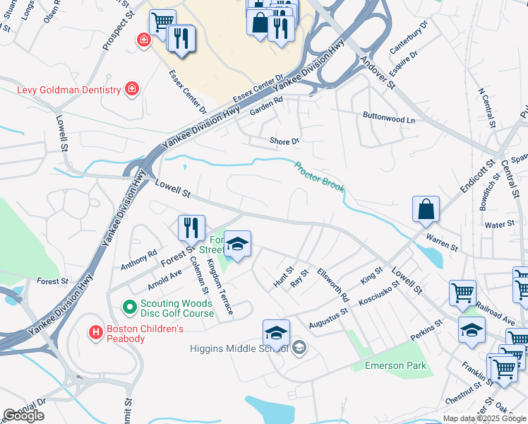 map of restaurants, bars, coffee shops, grocery stores, and more near 13 Castle Circle in Peabody