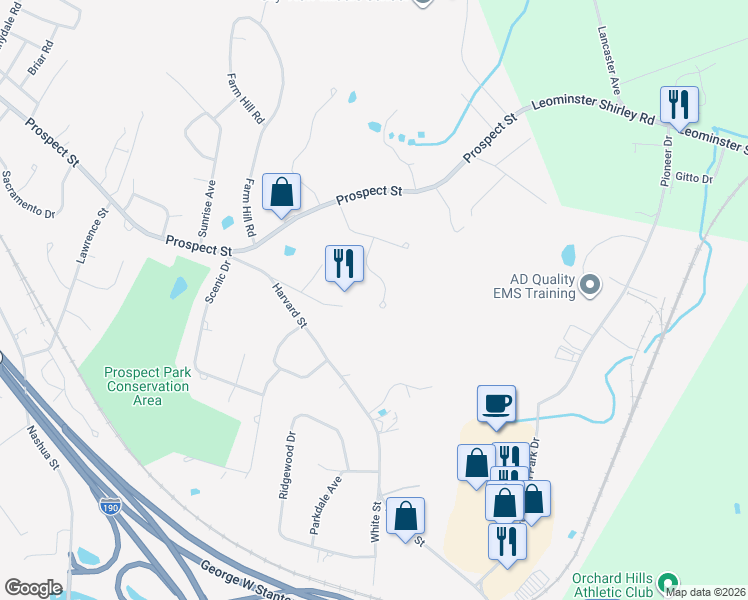 map of restaurants, bars, coffee shops, grocery stores, and more near 33 Saddlebred Drive in Leominster