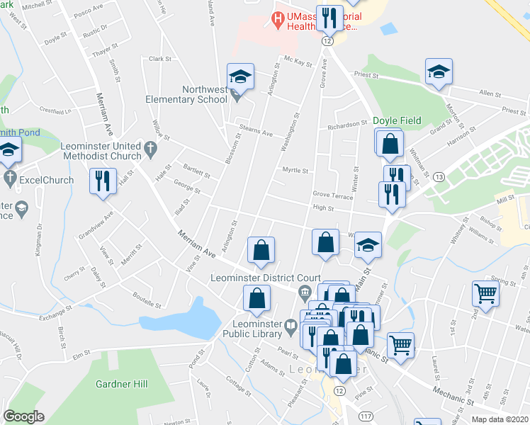 map of restaurants, bars, coffee shops, grocery stores, and more near 138 High Street in Leominster