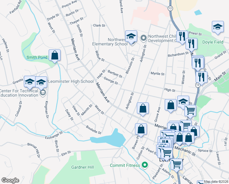 map of restaurants, bars, coffee shops, grocery stores, and more near 70 Blossom Street in Leominster