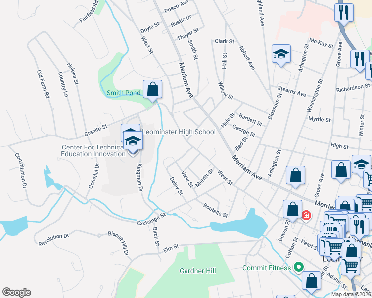 map of restaurants, bars, coffee shops, grocery stores, and more near 270 West Street in Leominster