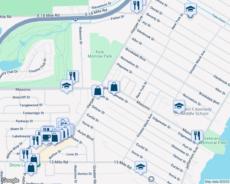 map of restaurants, bars, coffee shops, grocery stores, and more near 22621 Masonic in St. Clair Shores