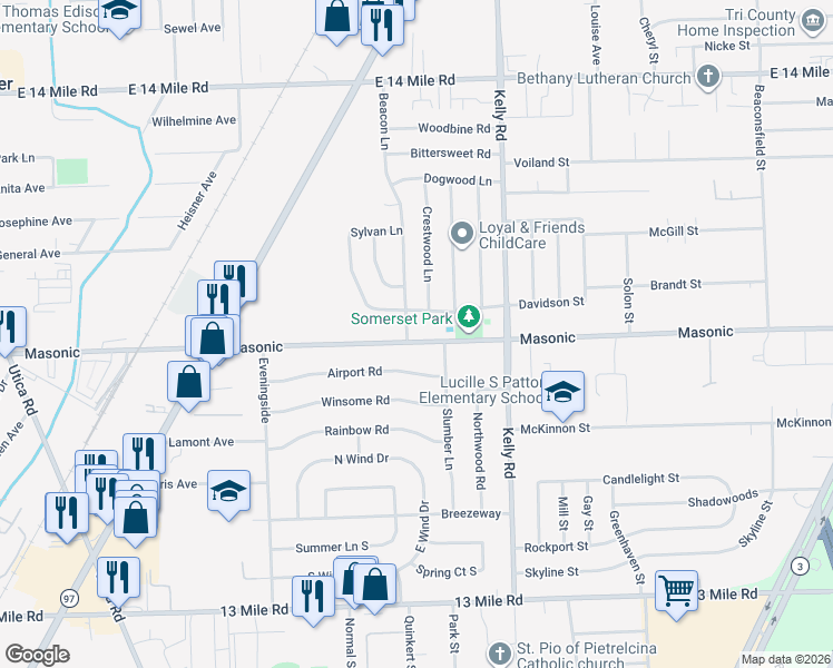 map of restaurants, bars, coffee shops, grocery stores, and more near 32055 Beacon Lane in Fraser