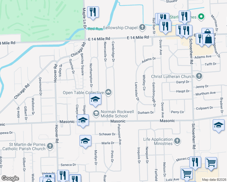 map of restaurants, bars, coffee shops, grocery stores, and more near 32356 Cambridge Drive in Warren